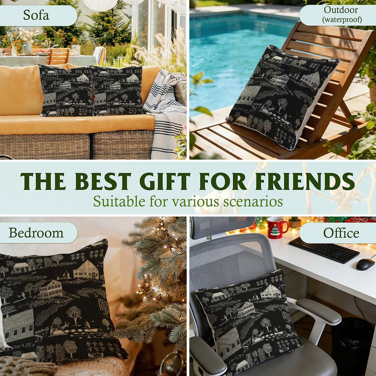 Waterproof Outdoor Throw Pillow Cover, Black Toile Print Pillow Cover, Rustic Pillow Sham