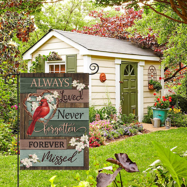 Cardinal Memorial Garden Flag 12x18 Inch 1 Sided Outside, Always Loved Never Forgotten