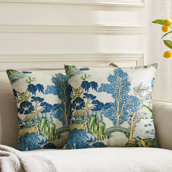 Pack of 2, Chinoiserie Pillow Cover 18x18 Inch Asian Scenic Blue and Green Throw Pillow Covers Linen Farmhouse Tree Leaves Pillow Case Cushion Covers for Sofa Couch Living Room