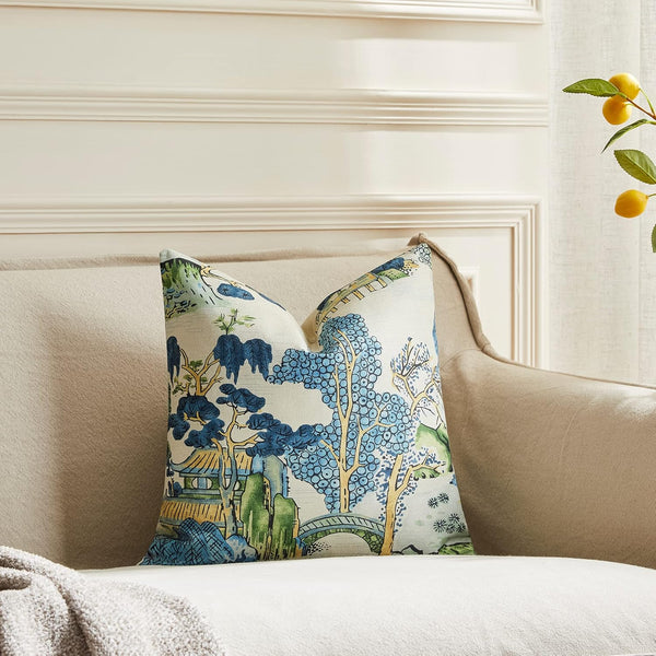 Pack of 2, Chinoiserie Pillow Cover 18x18 Inch Asian Scenic Blue and Green Throw Pillow Covers Linen Farmhouse Tree Leaves Pillow Case Cushion Covers for Sofa Couch Living Room