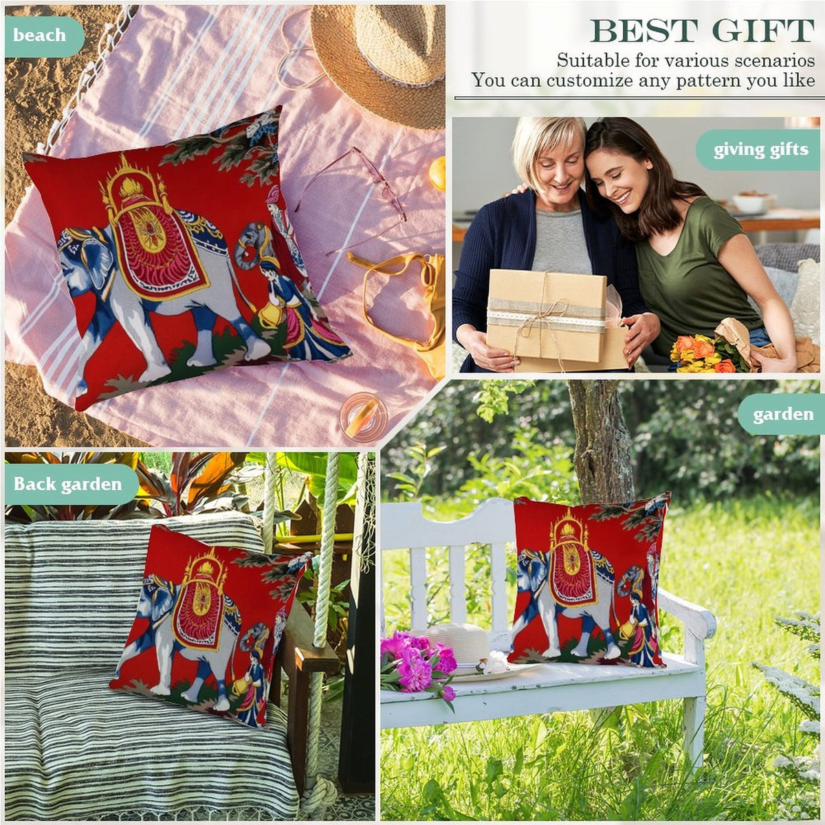 Waterproof Outdoor Throw Pillow Cover, Euro Elephant Decorative Cover, Rustic Pillow Sham