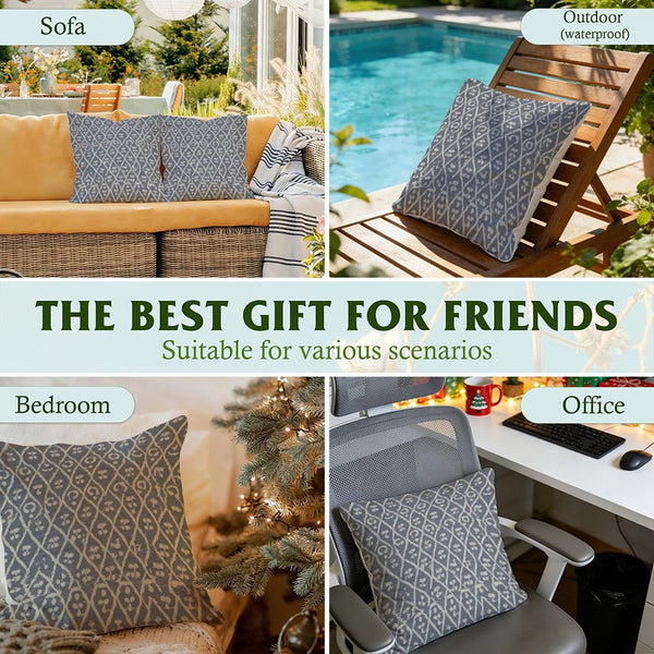 Waterproof Outdoor Throw Pillow Cover, Blue and White Pillow Cover, Rustic Pillow Sham