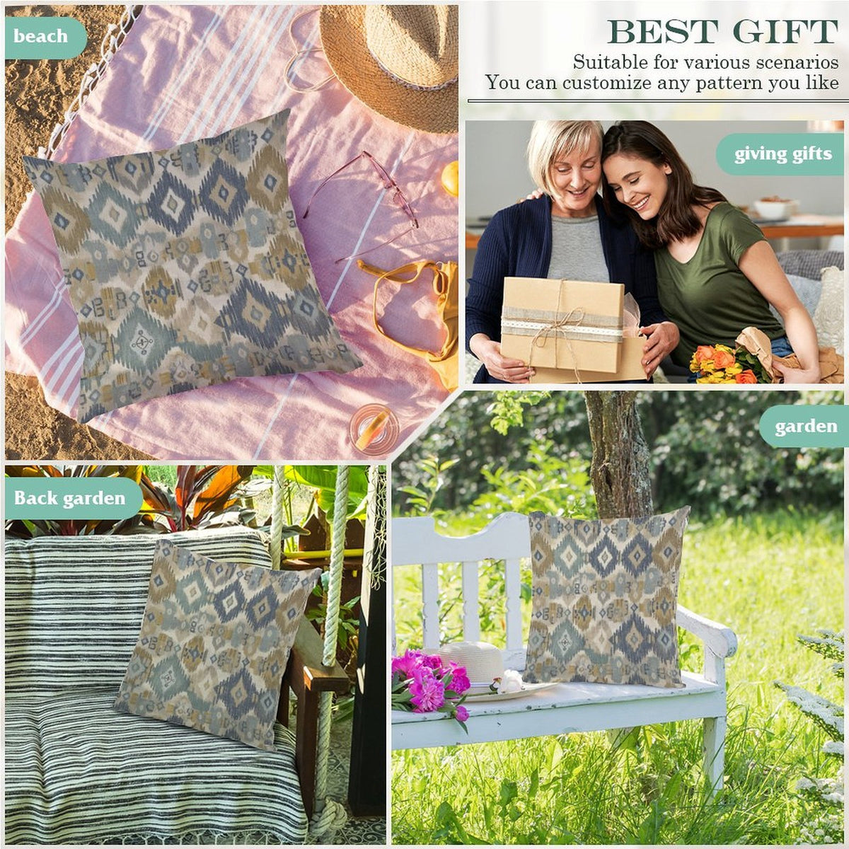 Waterproof Outdoor Throw Pillow Cover, Boho Ikat Decorative Cover, Rustic Pillow Sham