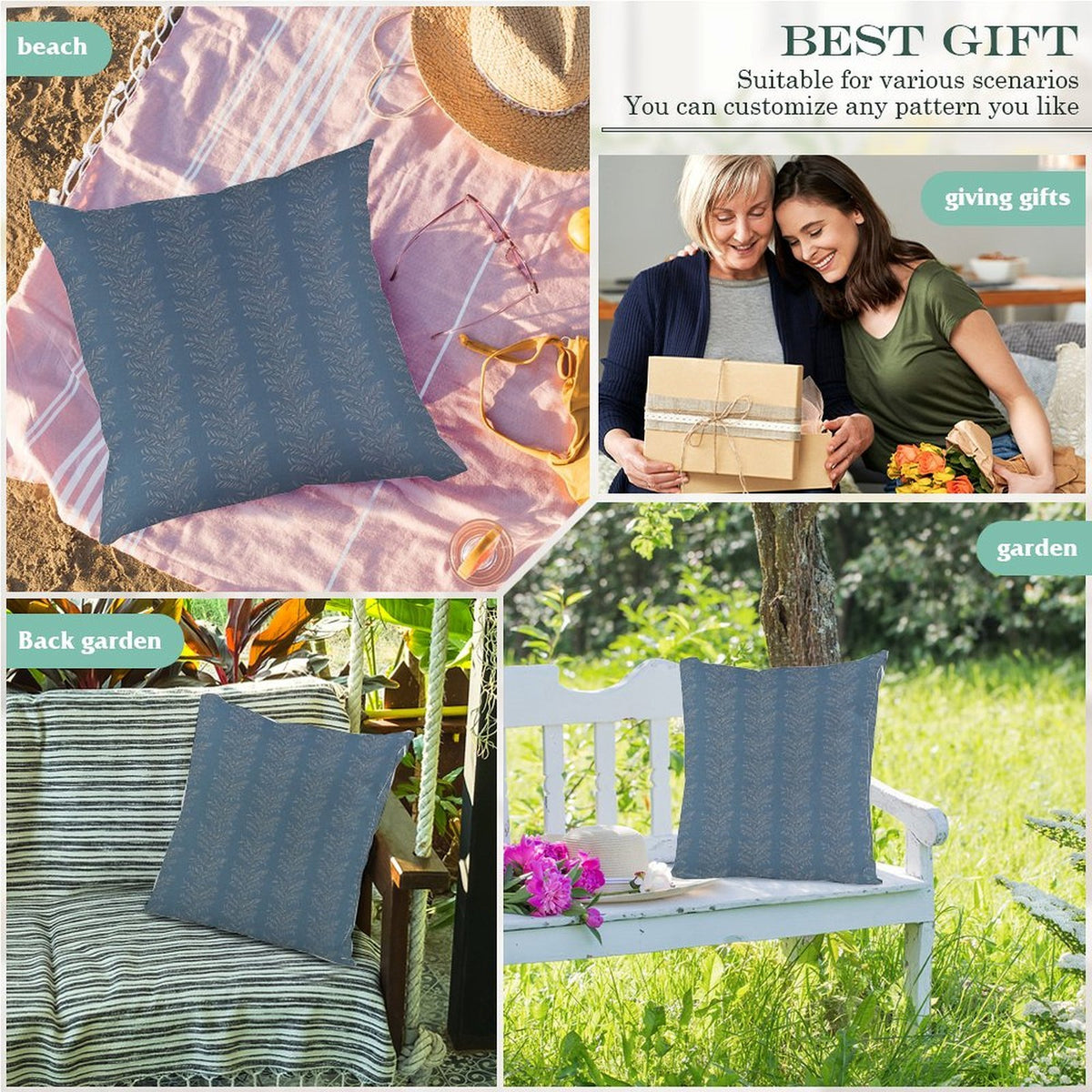 Waterproof Outdoor Throw Pillow Cover, Navy Blue Leaves Rustic Pillow Sham