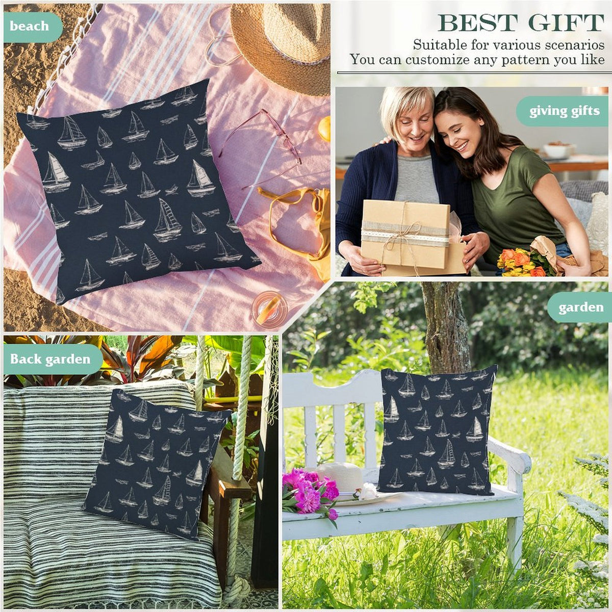Waterproof Outdoor Throw Pillow Cover, Navy Blue Sail Boats Nautical Rustic Pillow Sham