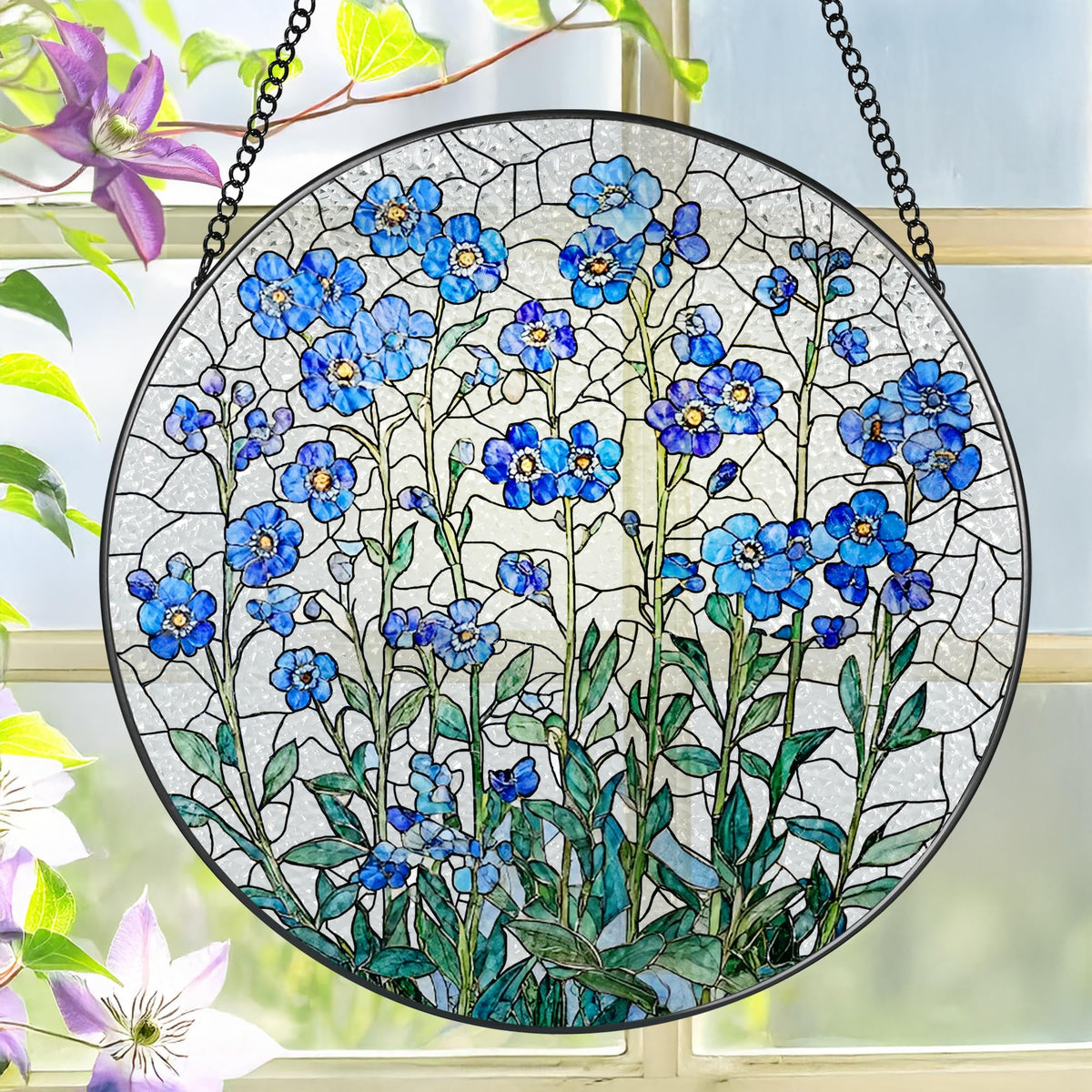 8 Inch Stained Glass Window Hanging, Forget Me Not Flower Stained Glass Suncatcher Wall Art