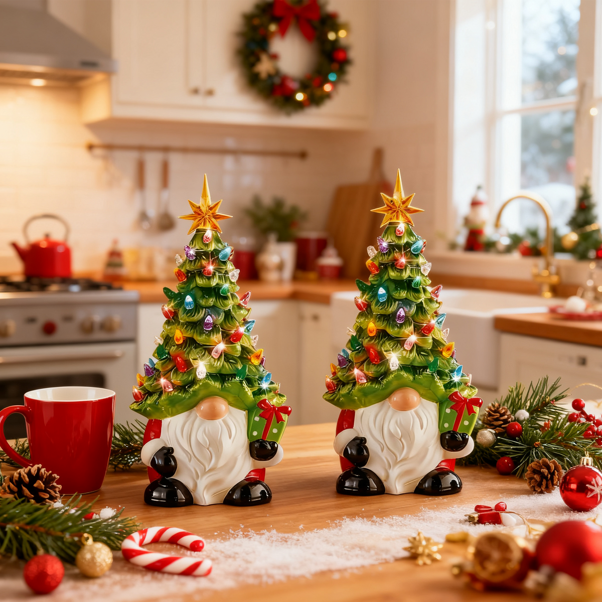 Lighted Christmas Gnome Decorations Hand-Painted Christmas Tree 8 Inch Small Mini Prelit Xmas Holiday Decor for Tabletop Home Room DIY Gifts