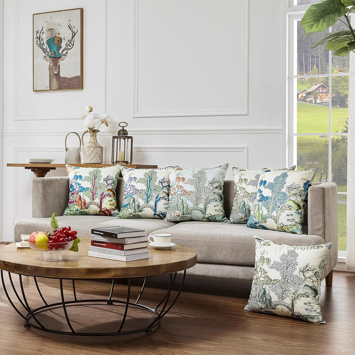 Pack of 2, Chinoiserie Pillow Cover 18x18 Inch Asian Scenic Blue and Green Throw Pillow Covers Linen Farmhouse Tree Leaves Pillow Case Cushion Covers for Sofa Couch Living Room
