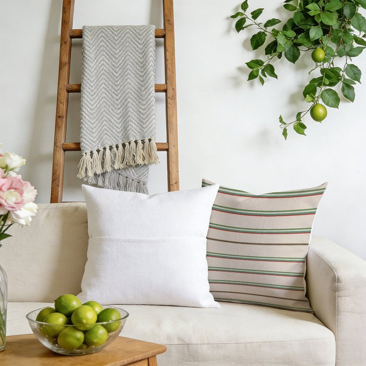 Waterproof Outdoor Throw Pillow Cover, Beige Green and Red Pillow Cover, Rustic Pillow Sham