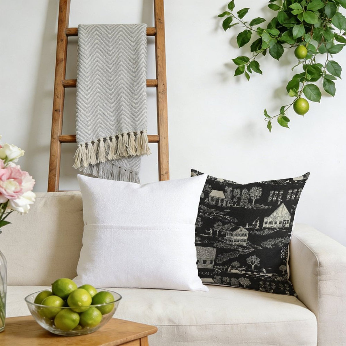 Waterproof Outdoor Throw Pillow Cover, Black Toile Print Pillow Cover, Rustic Pillow Sham