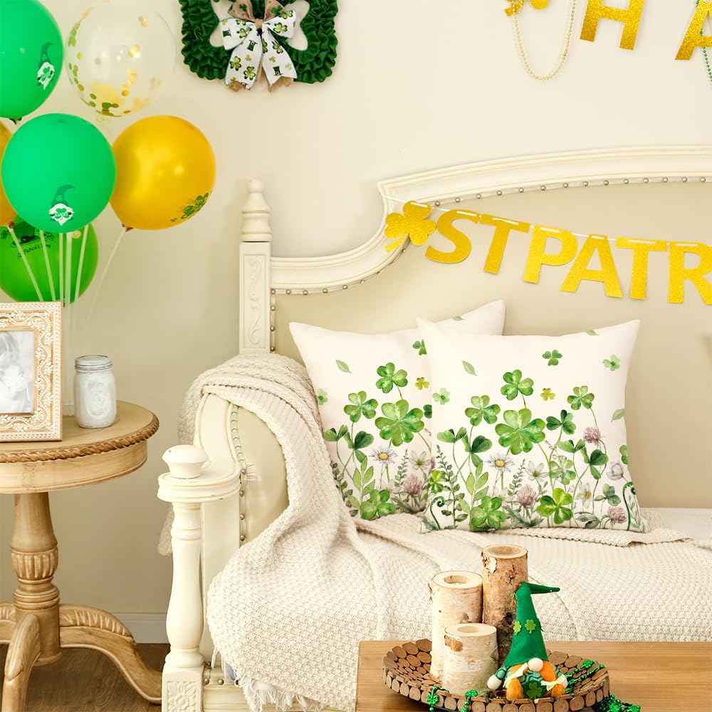 St.Patricks Day Pillow Covers 18X18 Inch Set of 2,Shamrock Floral Decorations