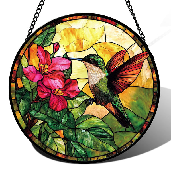 Stained Glass Suncatcher, Hummingbird Red Flowers Green Leaves Sun Catcher Stain Glass Window Hanging