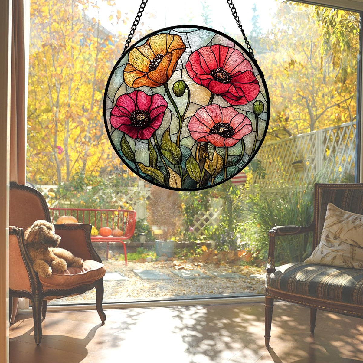 Stained Glass Suncatcher, Red Orange Poppy Flowers Sun Catcher Silver Background Wildflowers