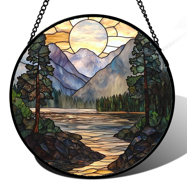 Stained Glass Window Hanging, Sunset Mountains Lake Tree Sun Catcher for Window Home Decor