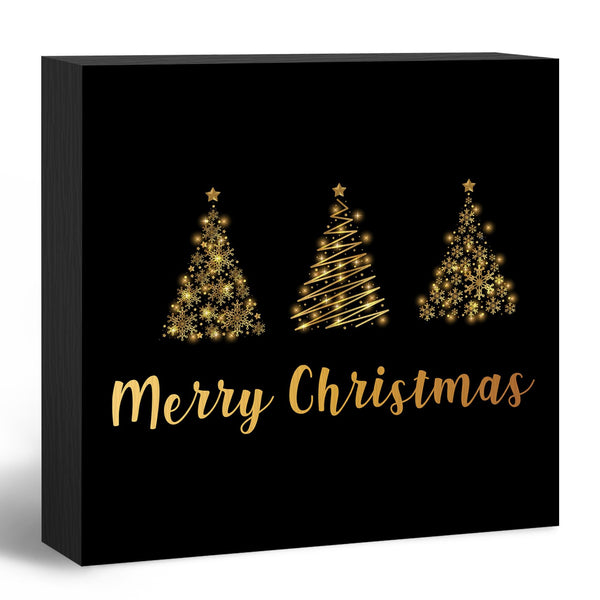 Christmas Wooden Box Sign, Black and Gold Christmas Tree Winter Wood Block Box Sign