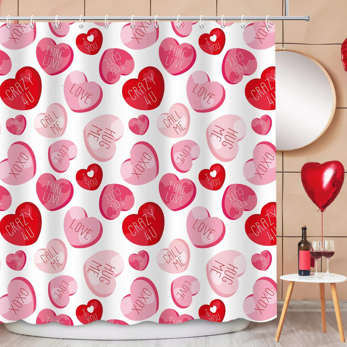 Valentines Shower Curtain for Bathroom, Pink Red Love Heart Romantic Shower Curtain, 70.8"x70.8"