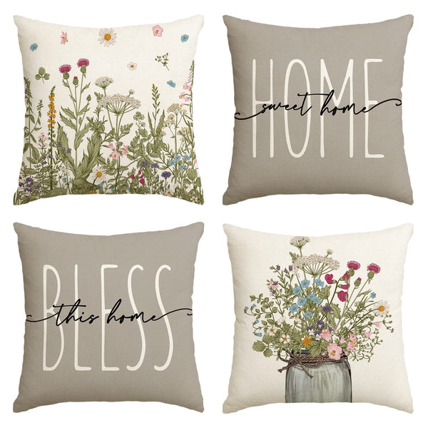 Spring Wildflowers Home Sweet Home Throw Pillow Covers, 18x18 Inch Autumn Seasonal Decorations Set of 4