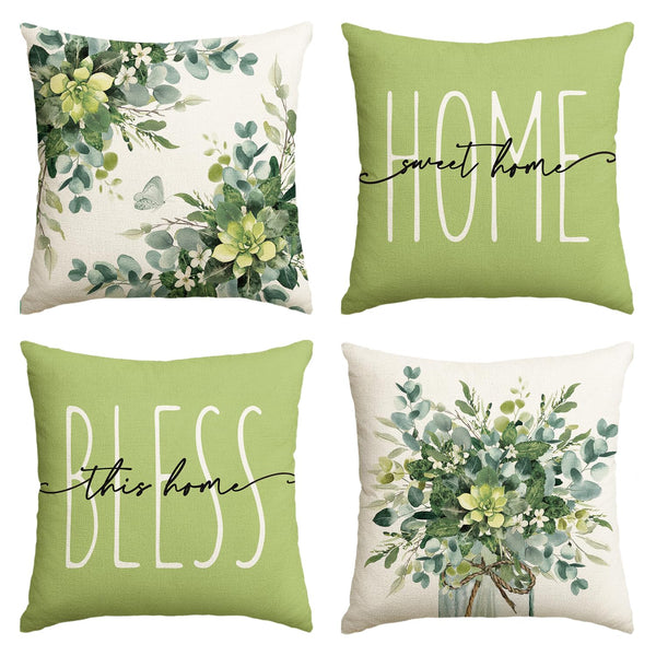 Home Sweet Home Eucalyptus Leaves Green Throw Pillow Covers, 18x18 Inch Spring Summer Seasonal