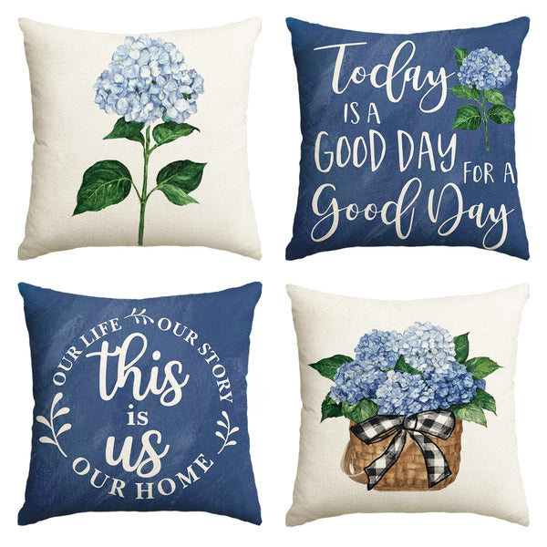 Blue Hydrangea Spring Summer Throw Pillow Covers, 18 x 18 Inch Today is A Good Day Dark Blue