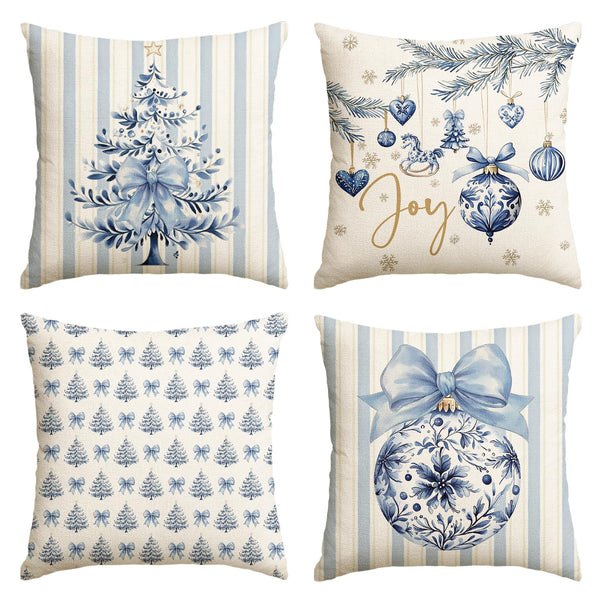 Blue Stripe Christmas Tree Balls Bow Throw Pillow Cover, 18 x 18 Inch Seasonal Snowflake Winter Holiday Cushion Case