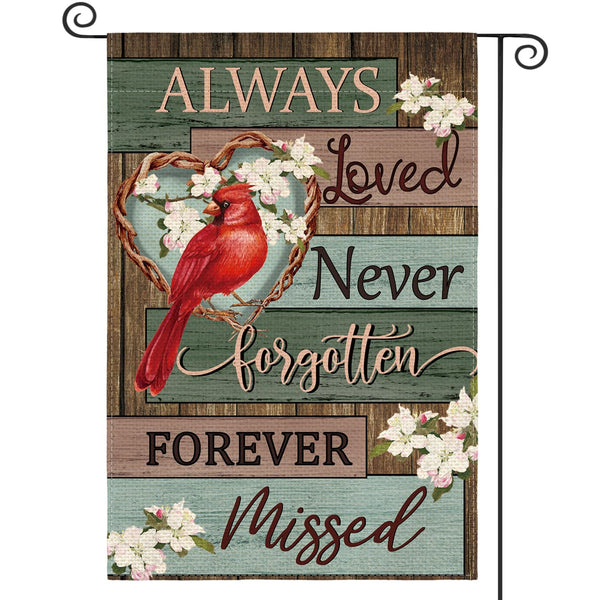 Cardinal Memorial Garden Flag 12x18 Inch 1 Sided Outside, Always Loved Never Forgotten