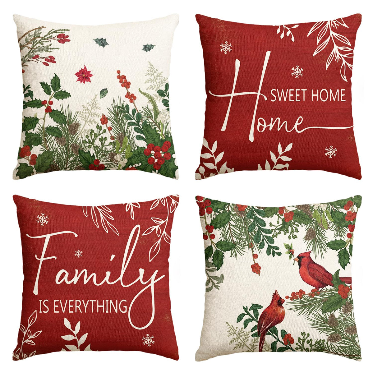 Set of 4 Christmas Cardinal Home Sweet Home Poinsettia Holly Berries Throw Pillow Covers, 18 x 18 Inch