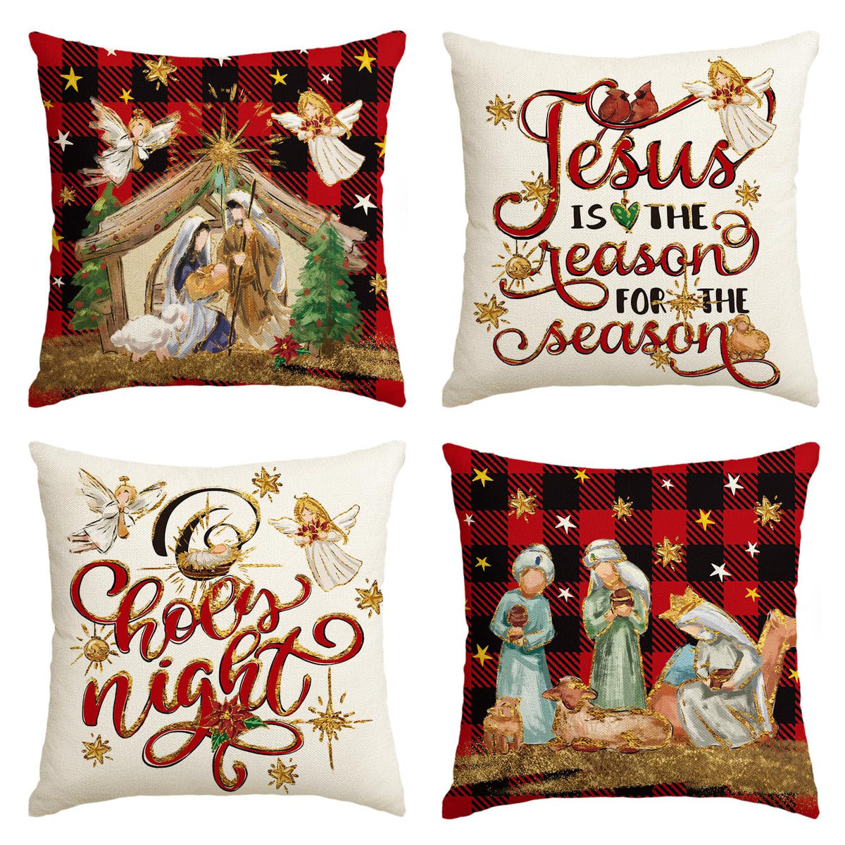 Set of 4 Christmas O Holy Night Jesus Cardinal Buffalo Plaid Throw Pillow Covers
