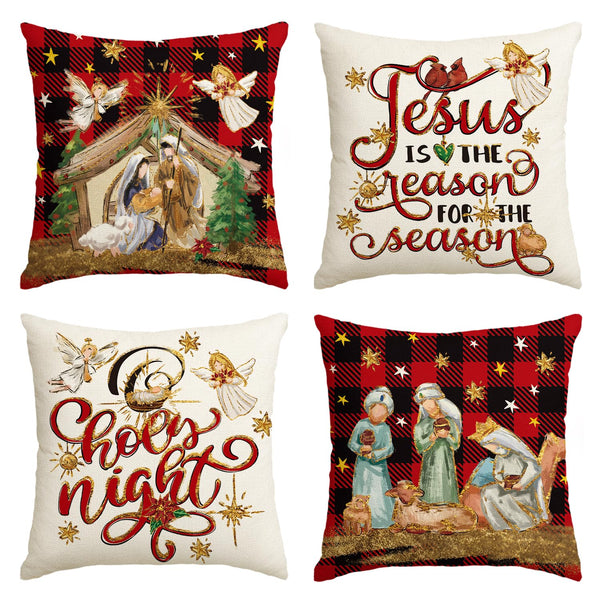 Set of 4 Christmas O Holy Night Jesus Cardinal Buffalo Plaid Throw Pillow Covers