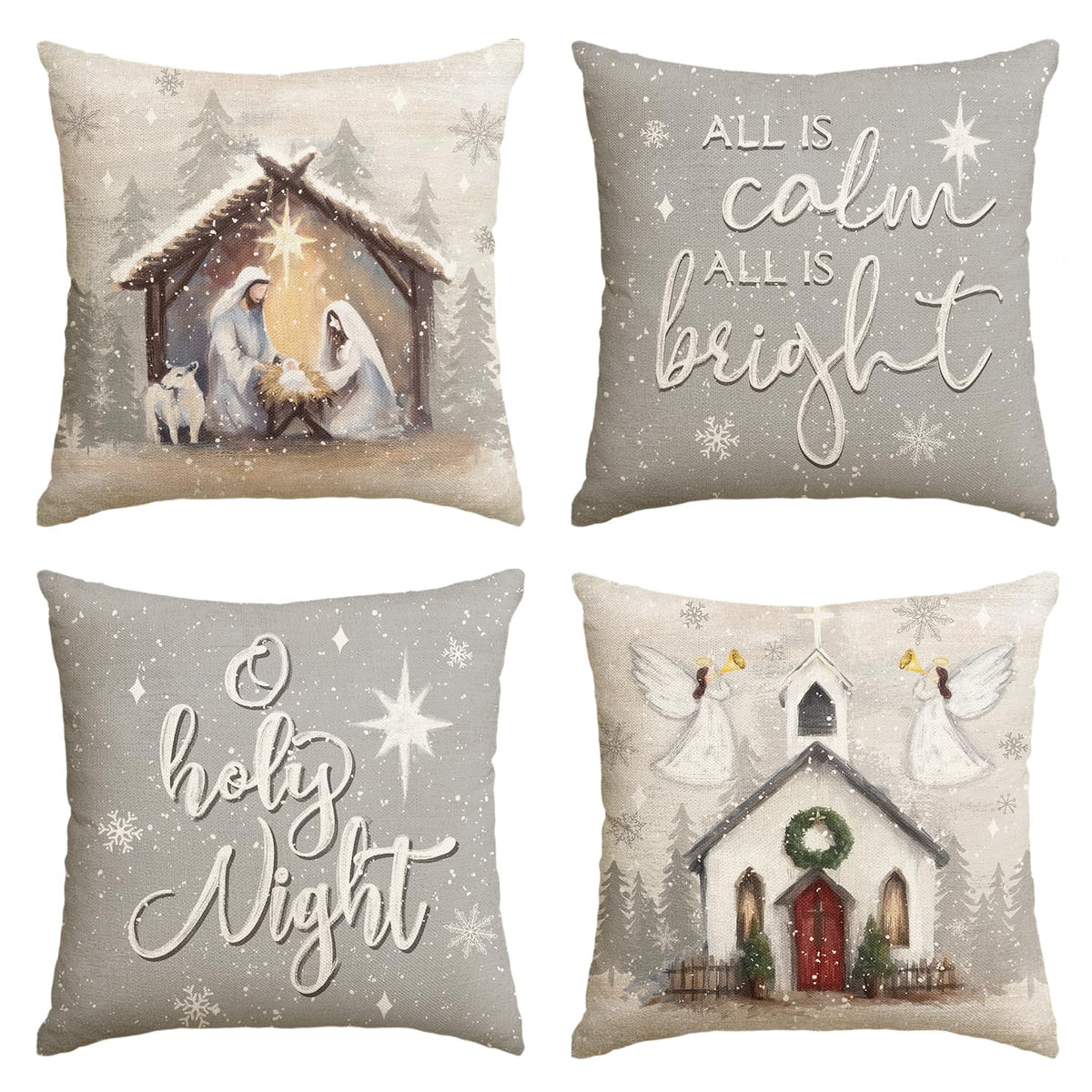 Christmas O Holy Night Jesus Snowflake Throw Pillow Covers, 18 x 18 Inch All is Clam All is Bright