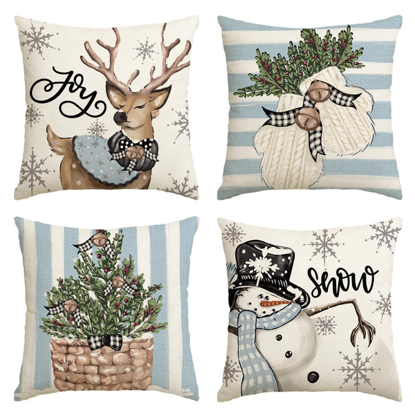 Christmas Snowman Reindeer Gloves Eucalyptus Blue Throw Pillow Covers, 18 x 18 Inch