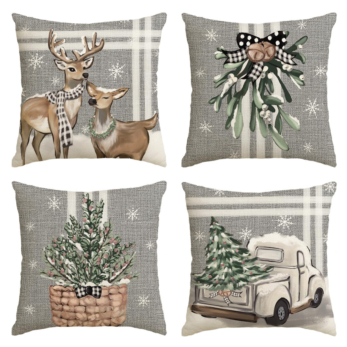 Christmas Tree Reindeer Truck Stripes Gray Throw Pillow Covers, 18 x 18 Inch Winter Holiday Cushion Case