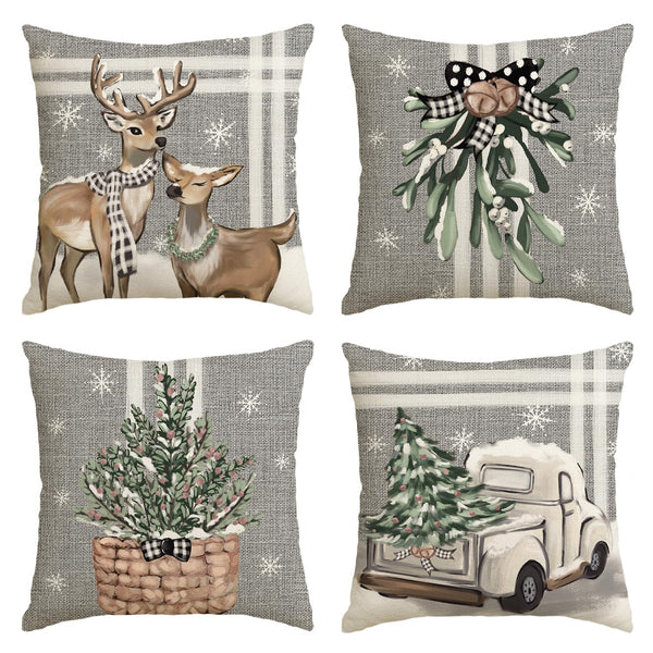 Christmas Tree Reindeer Truck Stripes Gray Throw Pillow Covers, 18 x 18 Inch Winter Holiday Cushion Case