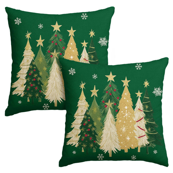 Christmas Trees Star Green Throw Pillow Covers Set of 2, 18 x 18 Inch Snowflake Seasonal Winter Holiday Cushion Case