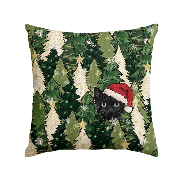 Christmas Trees Stars Black Cat Throw Pillow Cover, 18 x 18 Inch Snowflake Seasonal