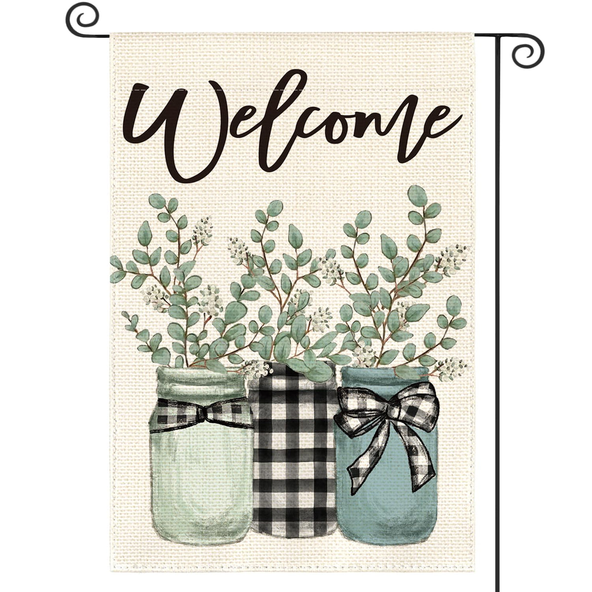 Eucalyptus Mason Jar Spring Summer Garden Flag 12x18 Inch 1 Sided Outside, Buffalo Plaid