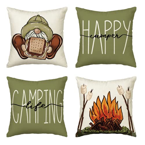 Velvet Happy Camper Camping Life Throw Pillow Covers 18x18 Set of 4, Gnome