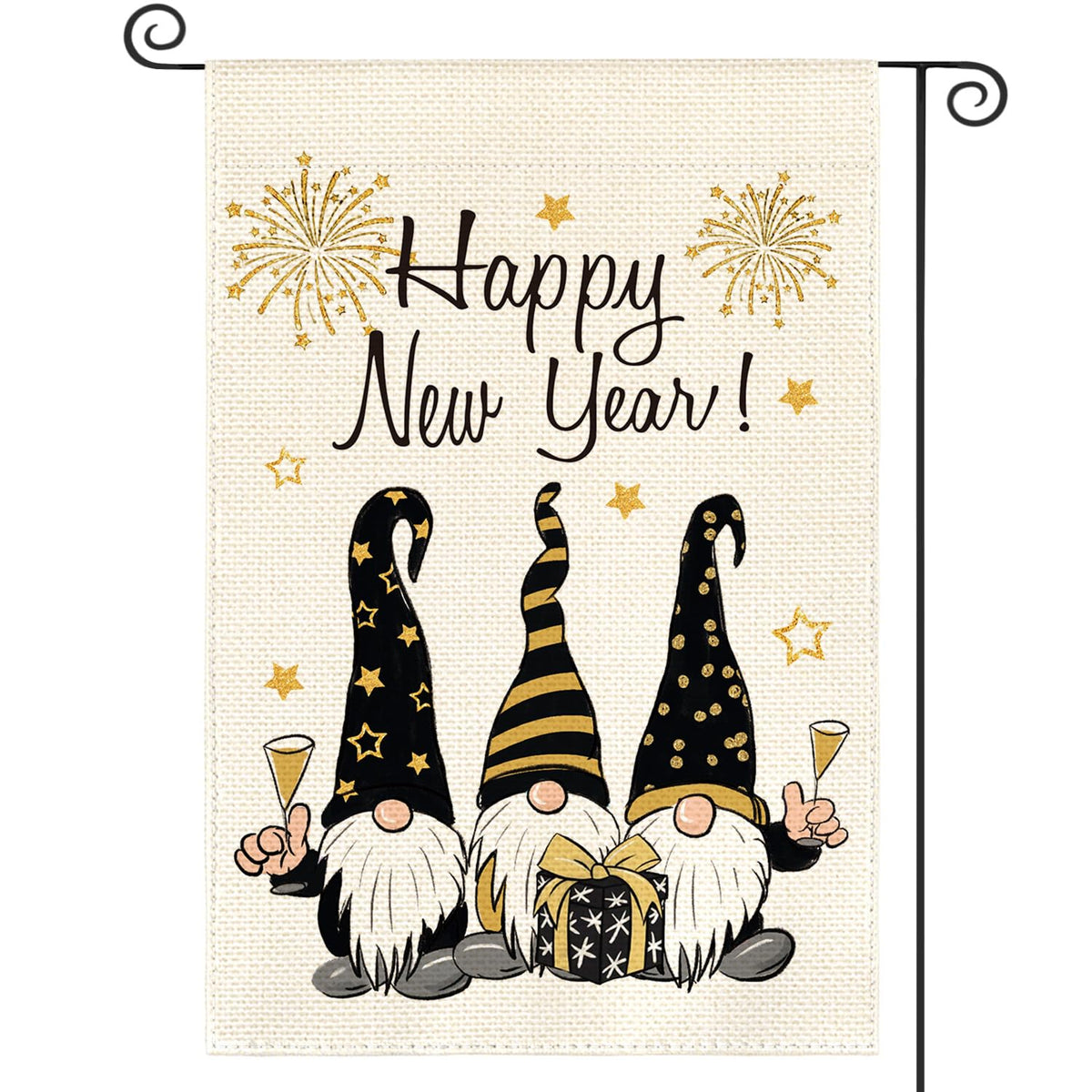 Happy New Years Gnome Garden Flag Vertical 1-Sided, Winter Holiday Star Party Yard Outdoor