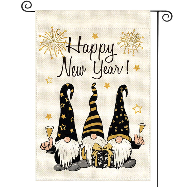 Happy New Years Gnome Garden Flag Vertical 1-Sided, Winter Holiday Star Party Yard Outdoor