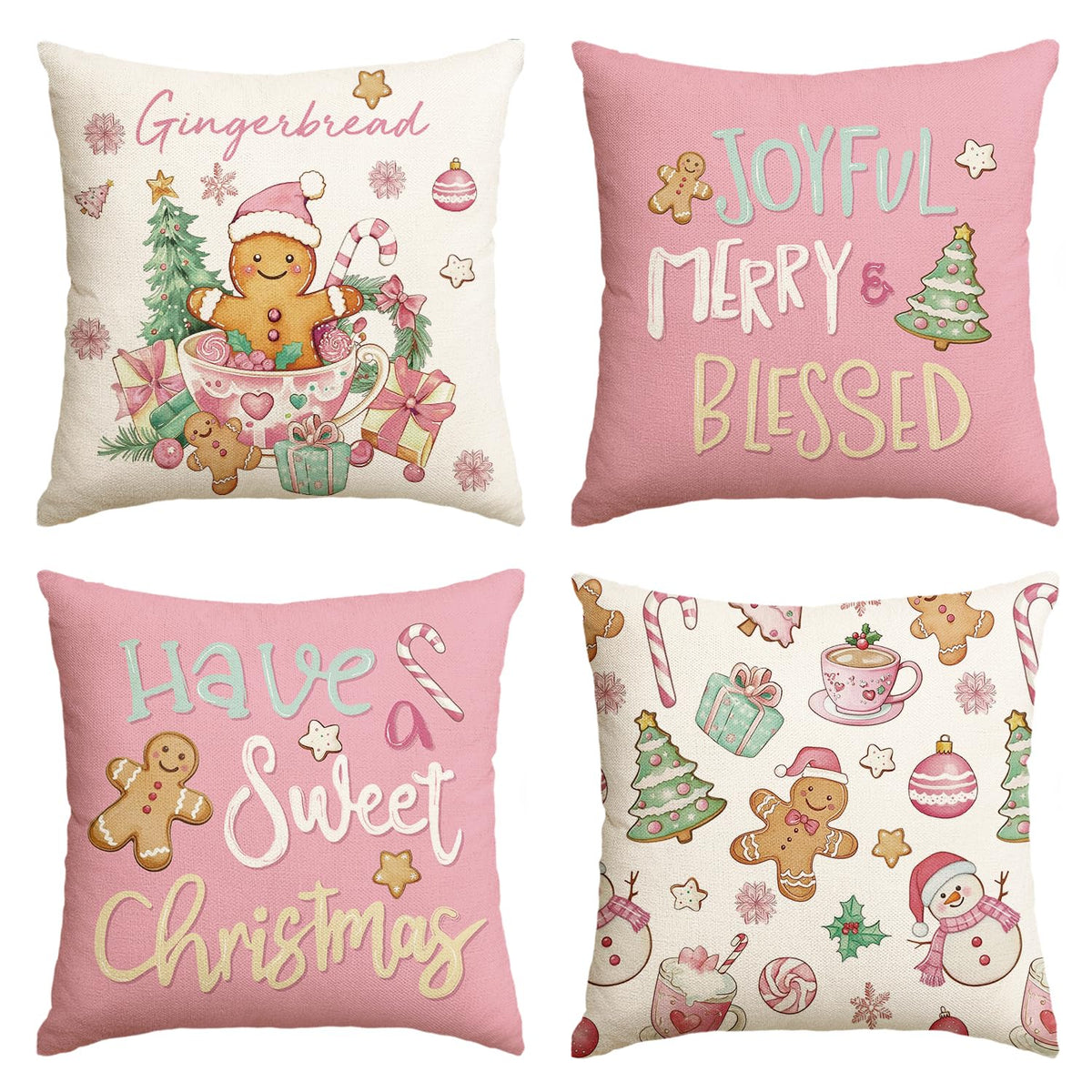 Have a Sweet Christmas Gingerbread Man Candy Cane Throw Pillow Covers, 18 x 18 Inch Joyful Blessed Pink