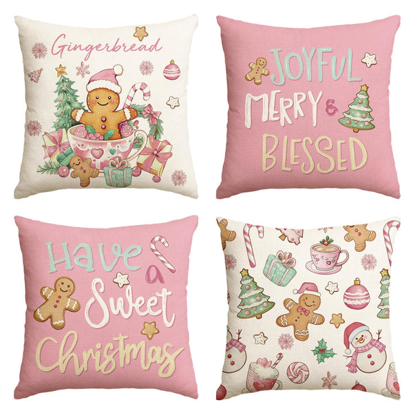 Have a Sweet Christmas Gingerbread Man Candy Cane Throw Pillow Covers, 18 x 18 Inch Joyful Blessed Pink