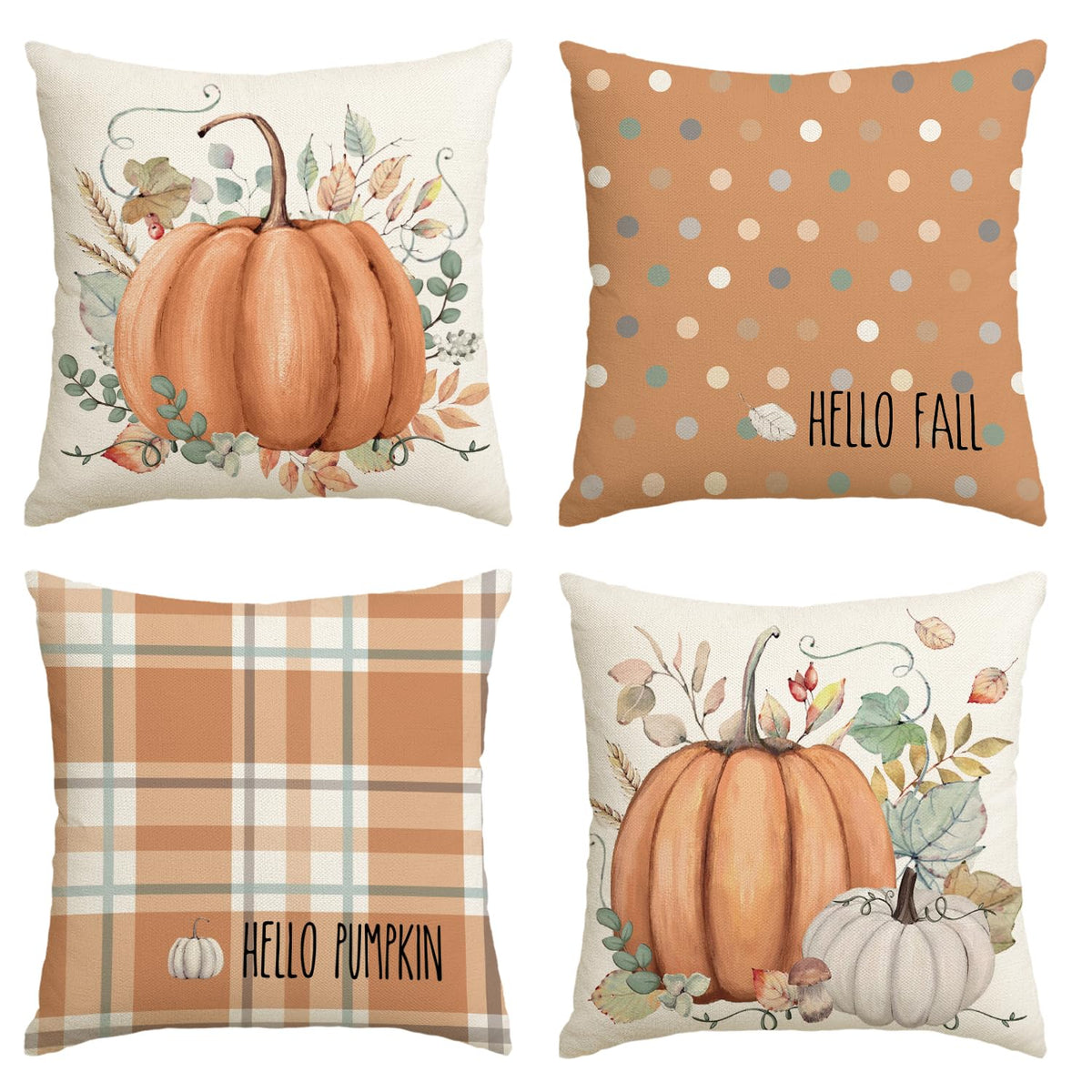 Hello Fall Hello Pumpkin Throw Pillow Covers, 18 x 18 Inch Autumn Thanksgiving Harvest Orange Eucalyptus