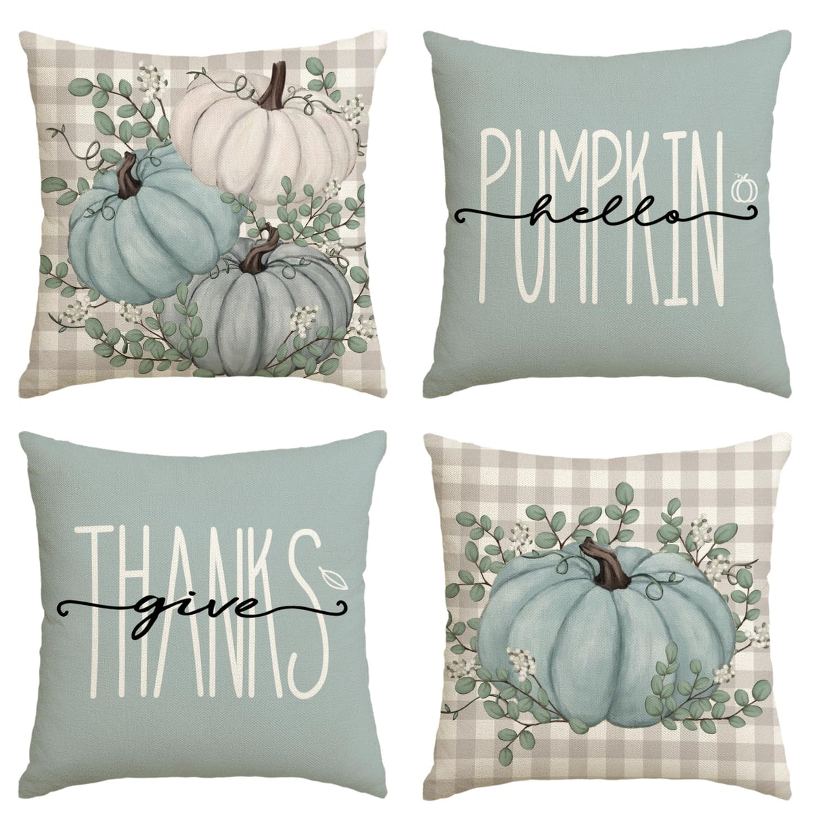Hello Pumpkin Give Thanks Throw Pillow Covers 18x18 Set of 4, Fall Autumn Thanksgiving Eucalyptus Leaves Harvest