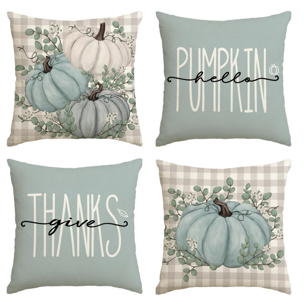 Hello Pumpkin Give Thanks Throw Pillow Covers 18x18 Set of 4, Fall Autumn Thanksgiving Eucalyptus Leaves Harvest