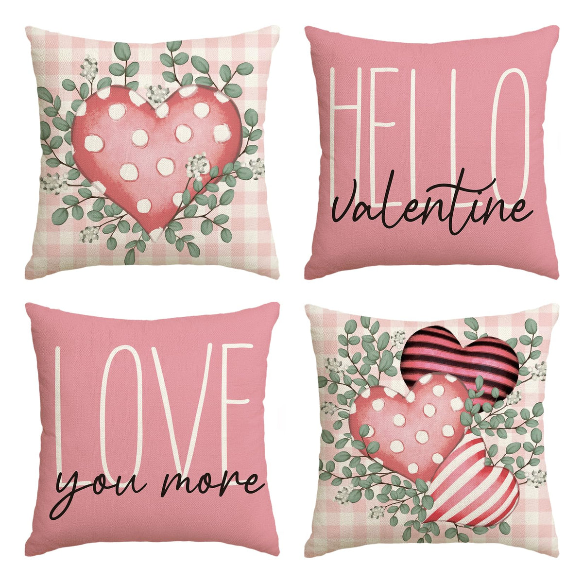 Hello Valentine Love You More Eucalyptus Leaves Pink Throw Pillow Covers, 18 x 18 Inch Buffalo Plaid Polka Dot Stripes