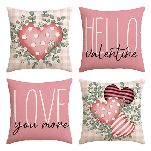 Hello Valentine Love You More Eucalyptus Leaves Pink Throw Pillow Covers, 18 x 18 Inch Buffalo Plaid Polka Dot Stripes
