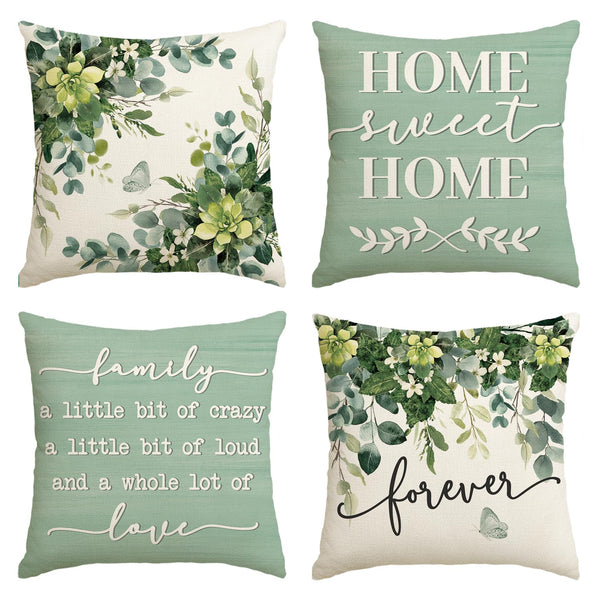 Home Sweet Home Eucalyptus Leaves Throw Pillow Covers, 18 x 18 Inch Seasonal Fall Motto Green