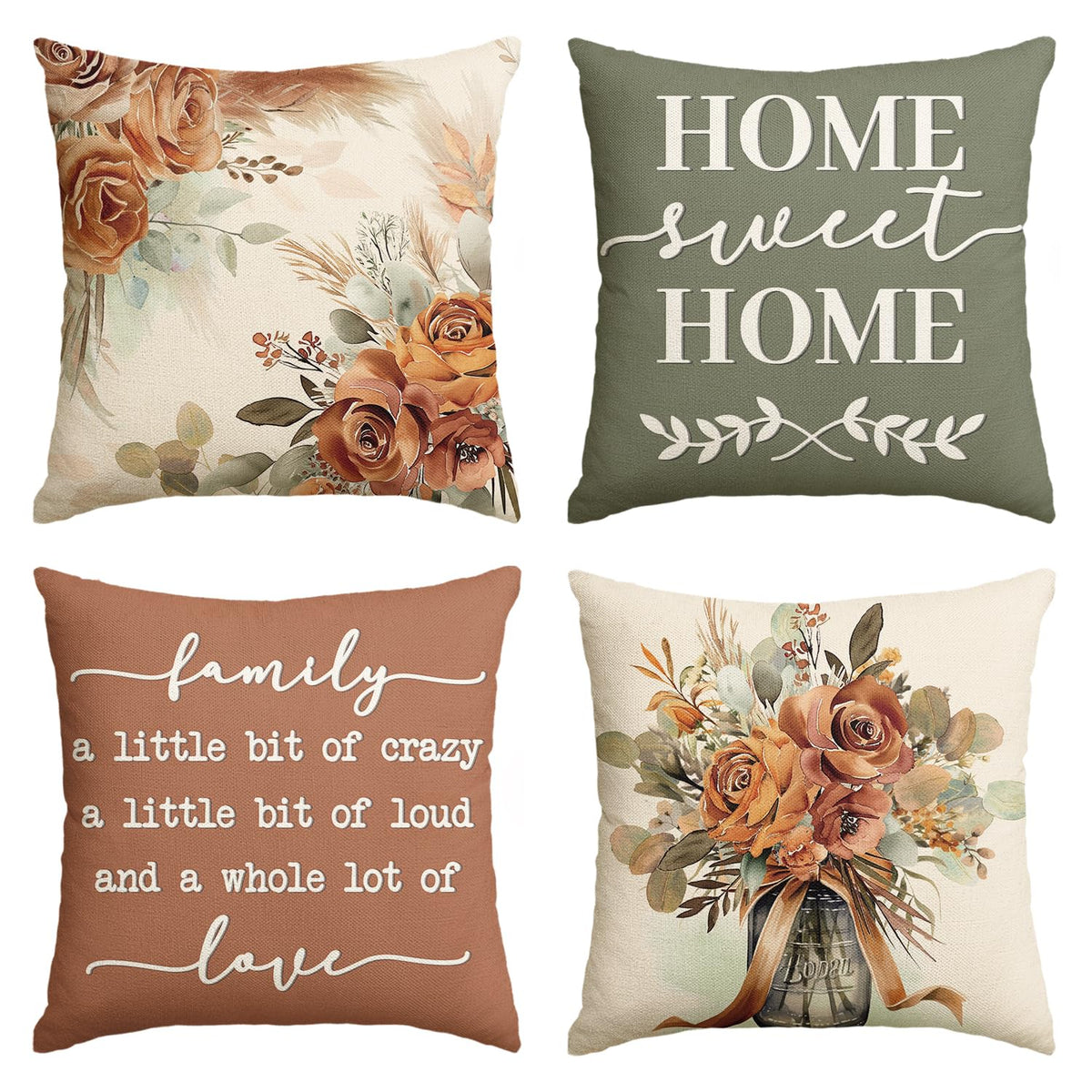 Home Sweet Home Terracotta Sage Throw Pillow Covers, 18 x 18 Inch Seasonal Fall Eucalyptus Floral