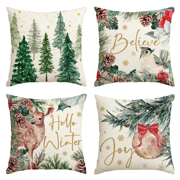 Joy Christmas Holly Berries Reindeer Believe Throw Pillow Covers, 18 x 18 Inch