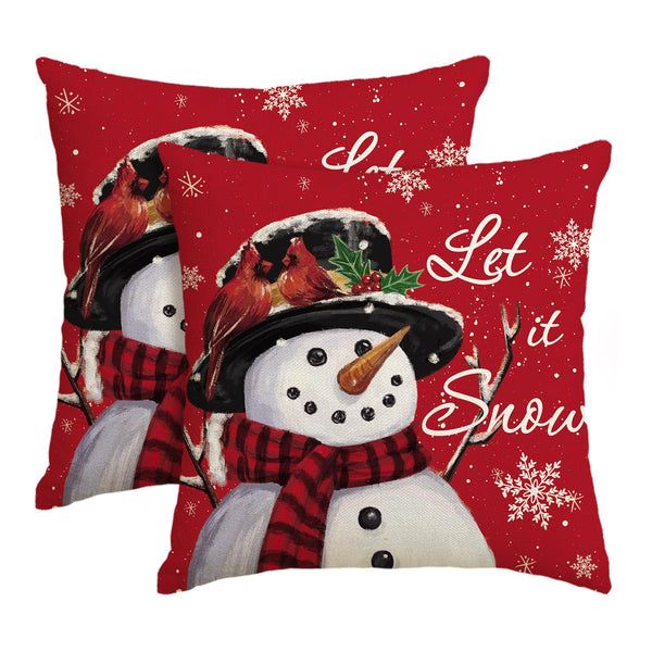 Let it Snow Snowman Christmas Red Throw Pillow Covers Set of 2, 18 x 18 Inch