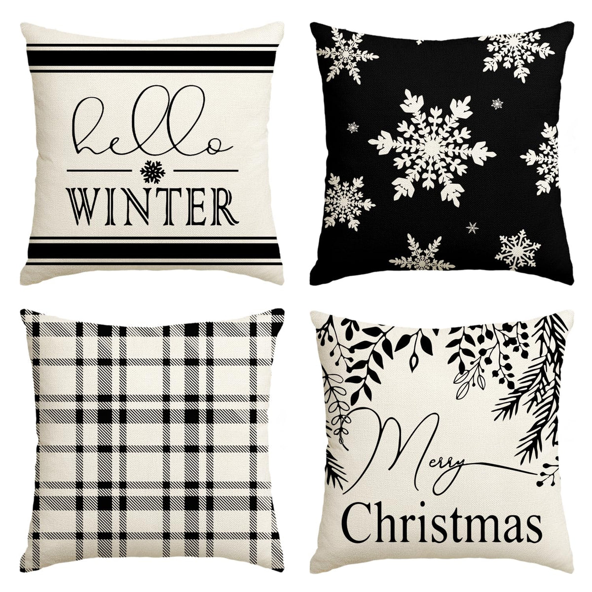 Merry Christmas Hello Winter Buffalo Plaid Snowflake Black and White Throw Pillow Cover